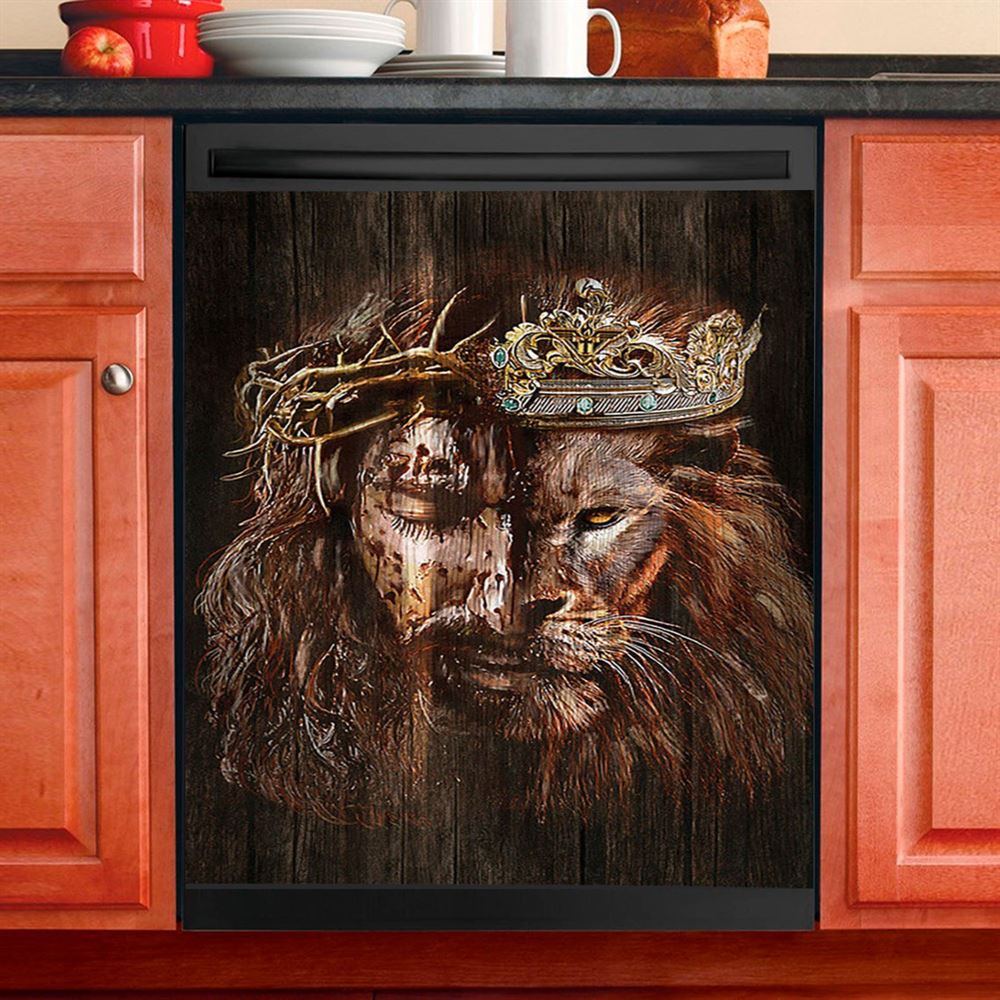 Lion Of Judah Jesus The King Awesome Crowns Dishwasher Cover, Lion Dishwasher Wrap, Christian Kitchen Decoration