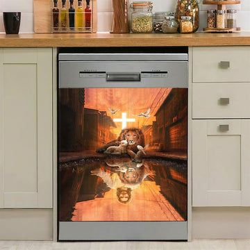 Lion Of Judah Lamb Of God Jesus'S Reflection Light Cross Dishwasher Cover, Lion Dishwasher Wrap, Christian Kitchen Decoration
