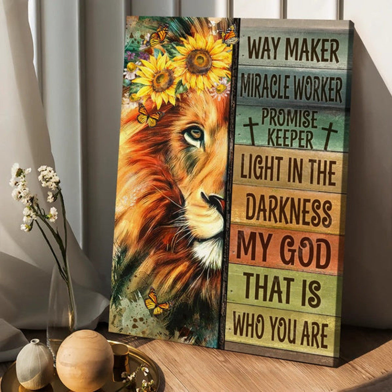 Lion Of Judah Sunflower Wreath Way Maker Miracle Worker Canvas Wall Art - Christian Wall Posters - Religious Wall Decor