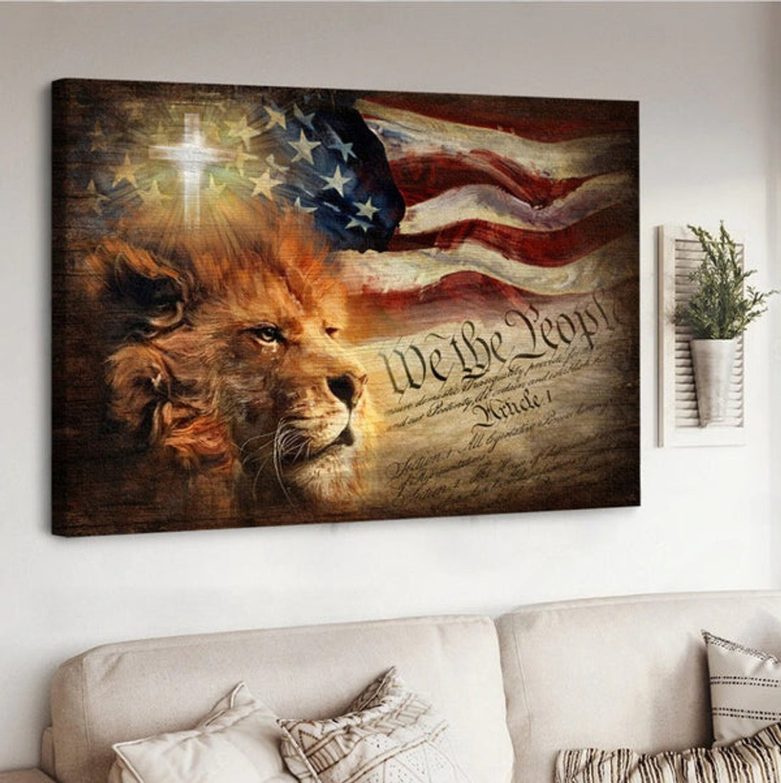 Lion Painting Watercolor American Flag Cross Independence Day Canvas Wall Art - Christian Poster - Religious Wall Decor
