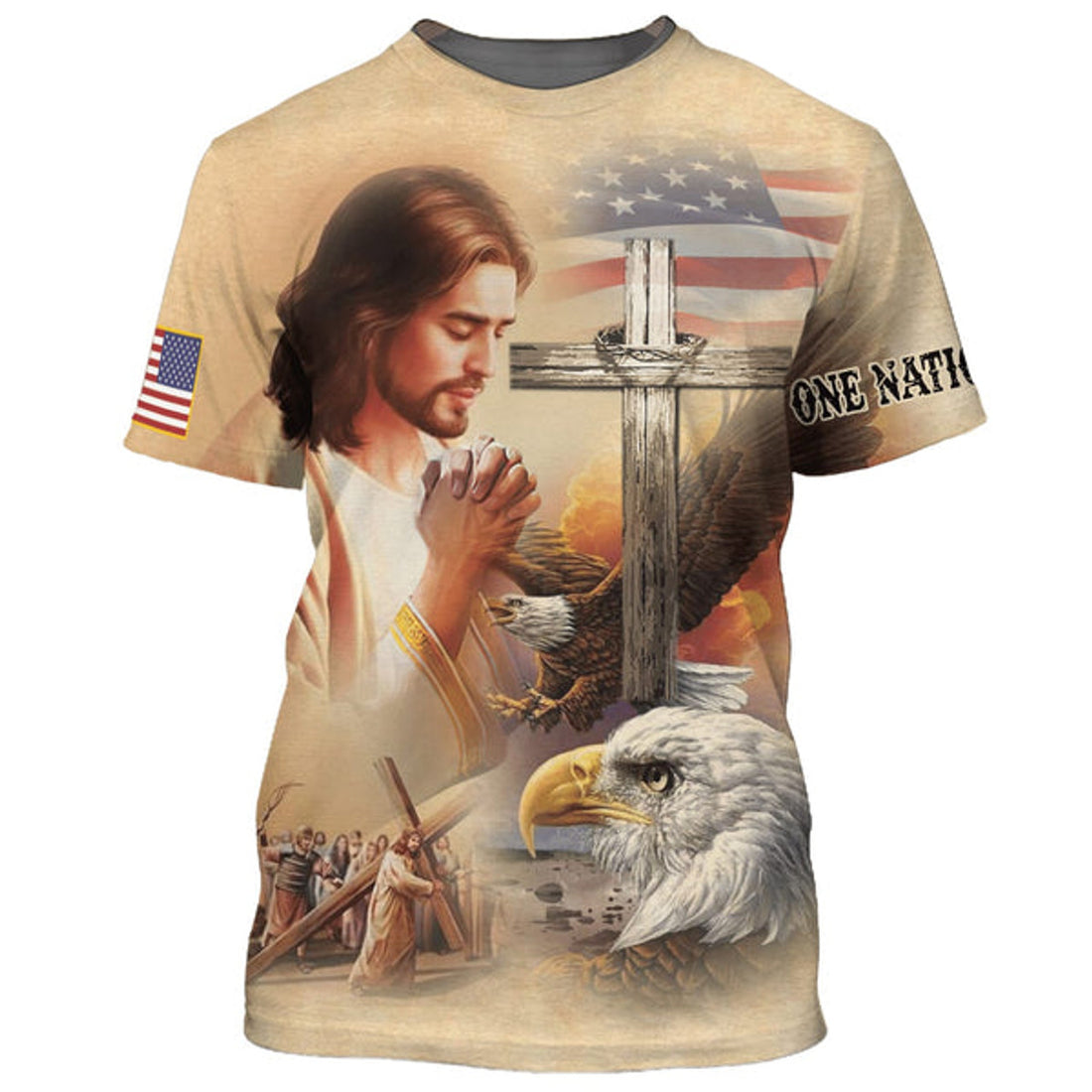 FUNSTUFFPRINT Lion Pray With Jesus On The Cross Christian 3D T-shirt