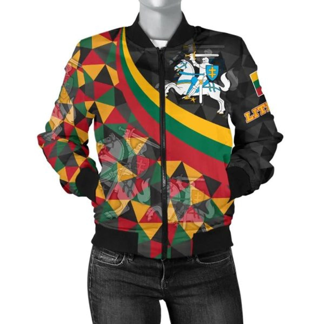 FUNSTUFFPRINTI Lithuania Women's Bomber Jacket - Lithuania Coat Of Arms with Flag Color - Bomber Jacket