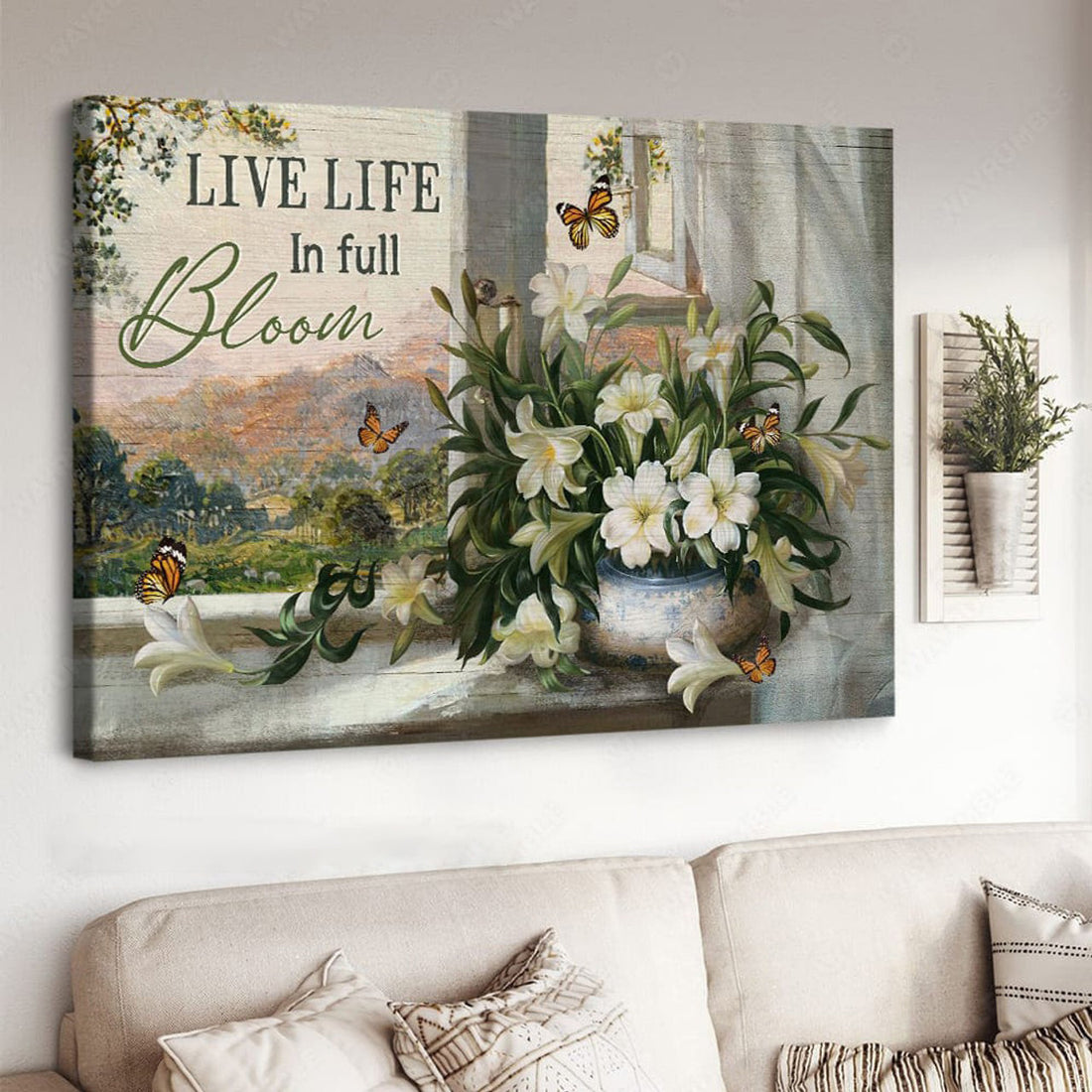 Live Life In Full Bloom, Butterfly Flower, Wall Art Decor Poster and Canvas
