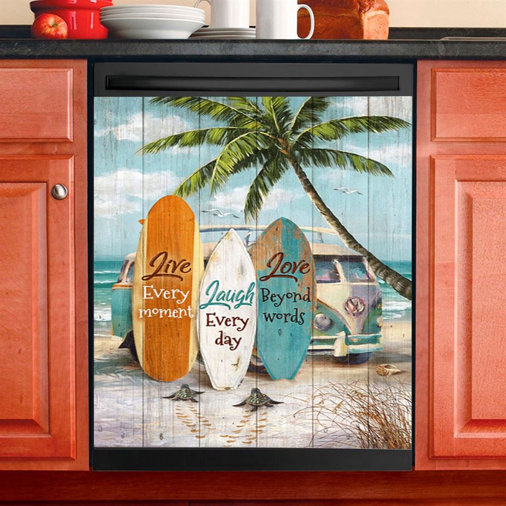 Live Every Moment Beach Little Sea Turtle Surfboard Dishwasher Cover, Christian Dishwasher Wrap, Bible Verse Kitchen Decoration