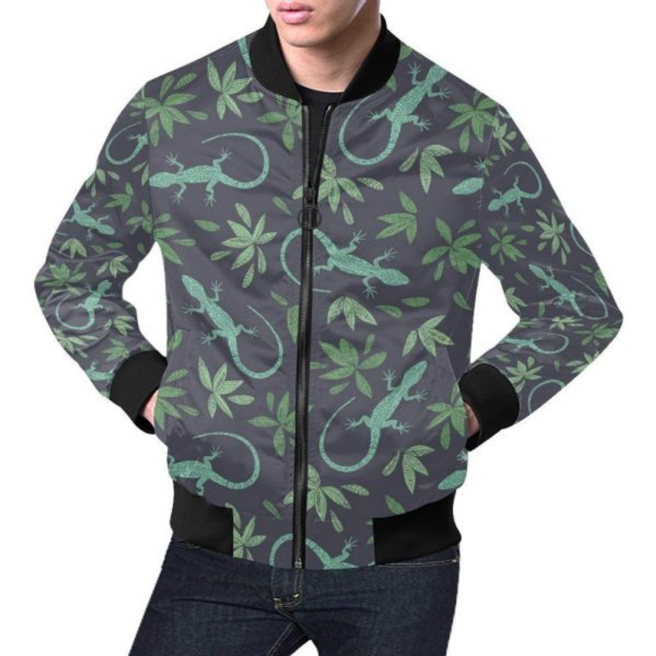 FUNSTUFFPRINTI Lizard Leaf Pattern Print Men's 3D Bomber Jacket