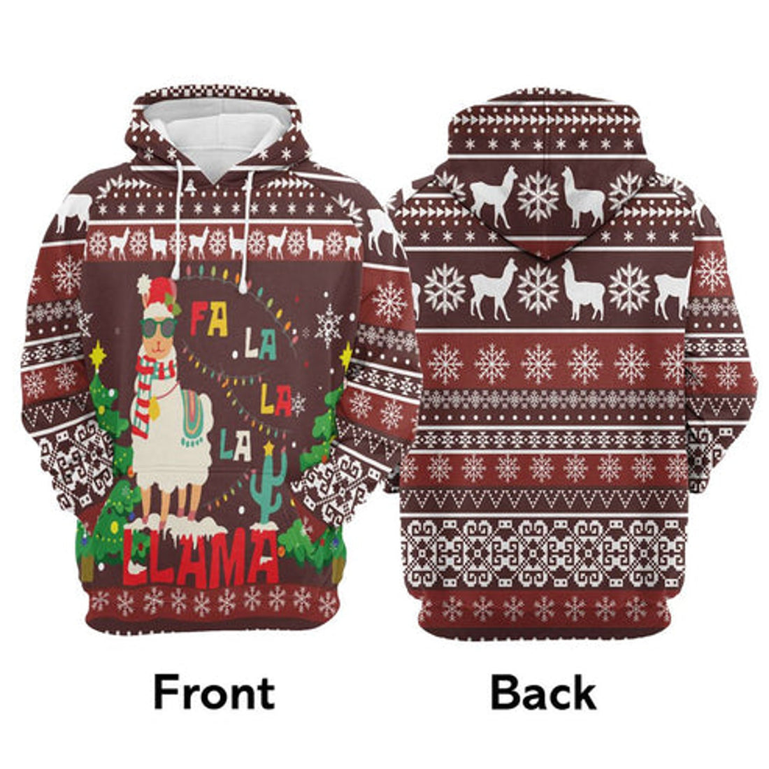 FUNSTUFFPRINT 3D Llama Falalala Christmas All Over 3D Hoodie and Zip Hoodie