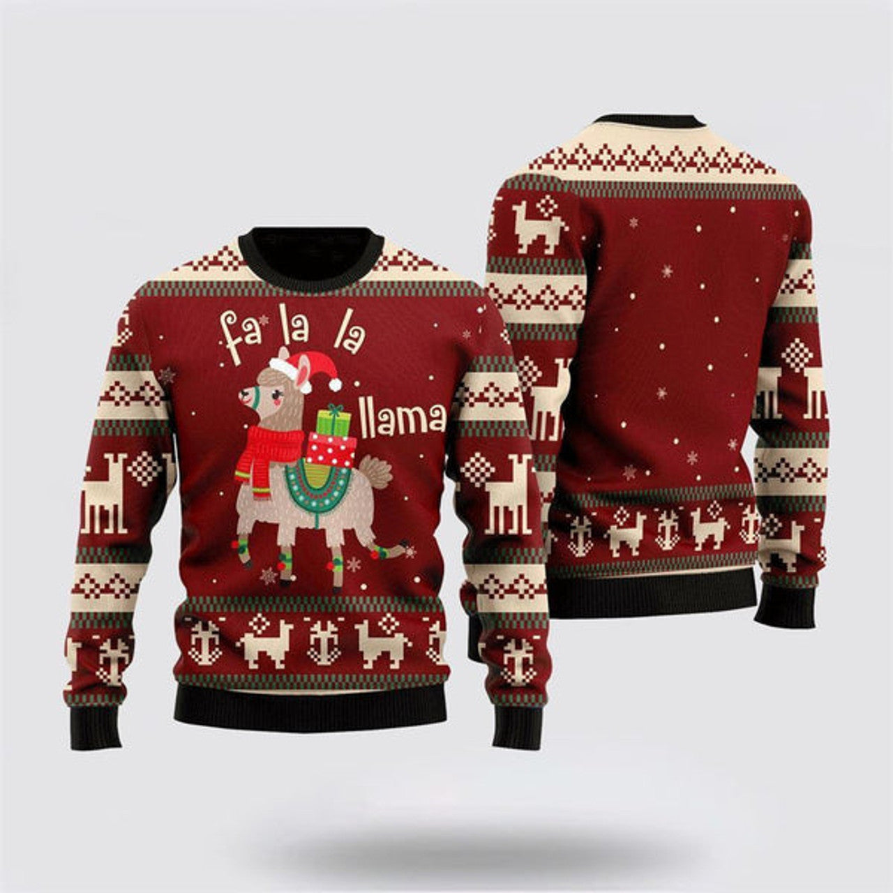 FUNSTUFFPRINT Llama Lalala Chritmas Pattern Ugly Christmas Sweater, Farm Sweater, Christmas Gift, Best Winter Outfit Christmas Ugly Sweater