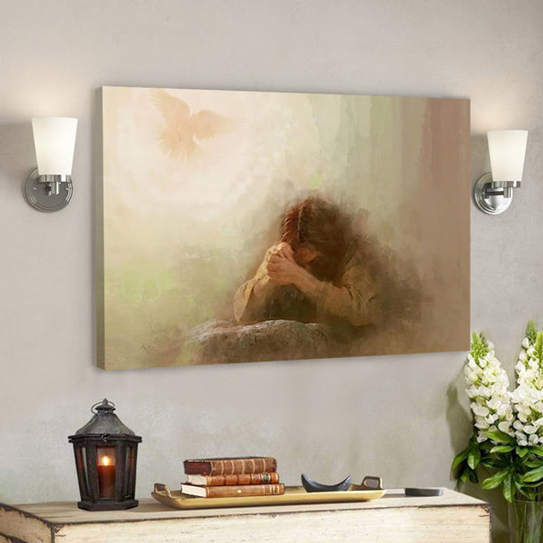 Jesus Christ Praying Holy Spirit Dove - Lord Of Prayer Neutral Canvas - Religious Canvas Painting - Christian Wall Art - Christian Gift 