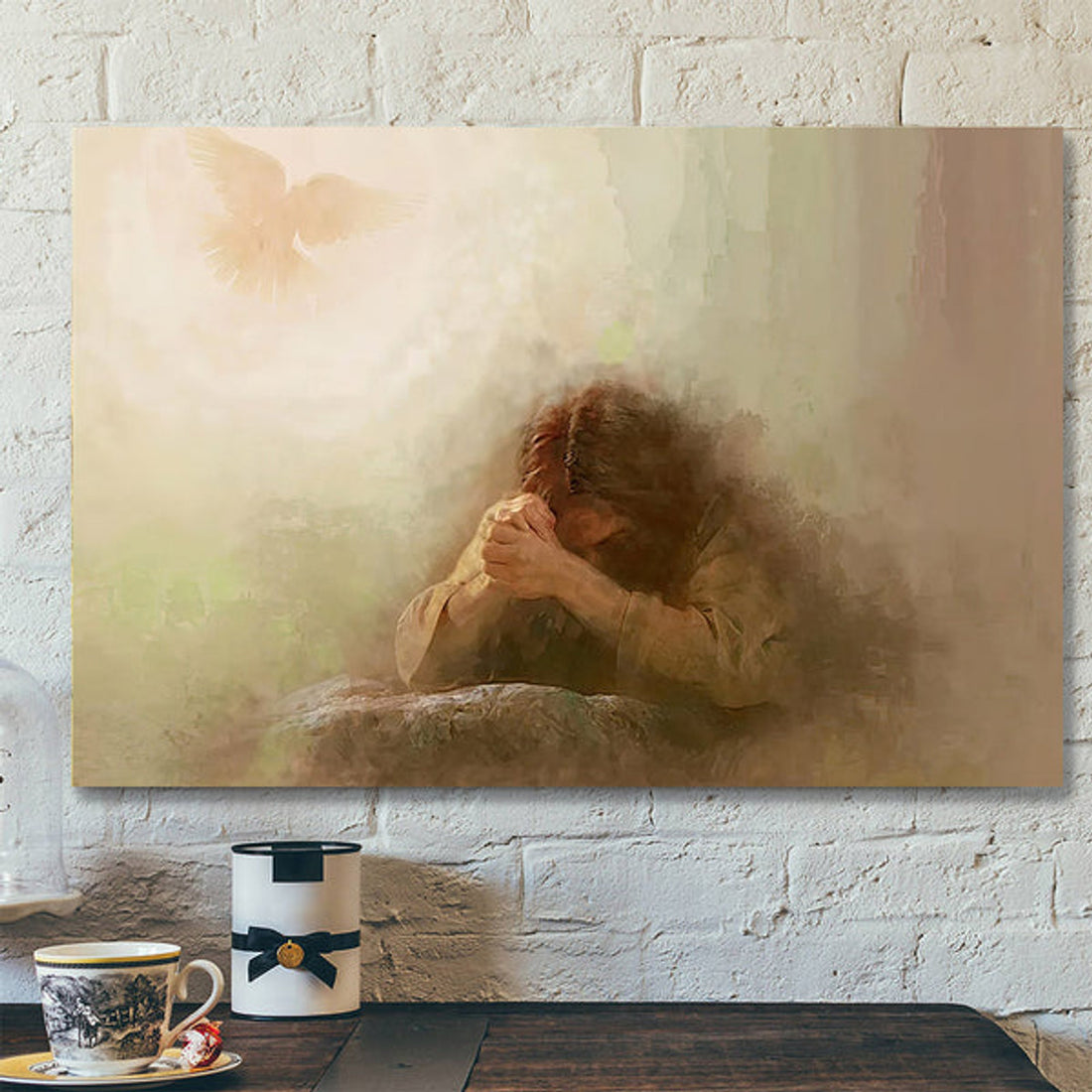 Jesus Christ Praying Holy Spirit Dove - Lord Of Prayer Neutral Canvas - Religious Canvas Painting - Christian Wall Art - Christian Gift 