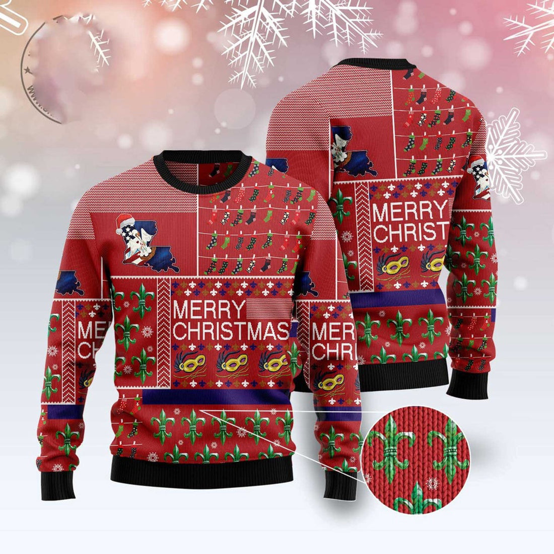 FUNSTUFFPRINT Louisiana Merry Christmas Ugly Christmas Sweater, Christmas Sweater, Ugly Sweater, Funny Xmas Sweaters Ugly Sweater