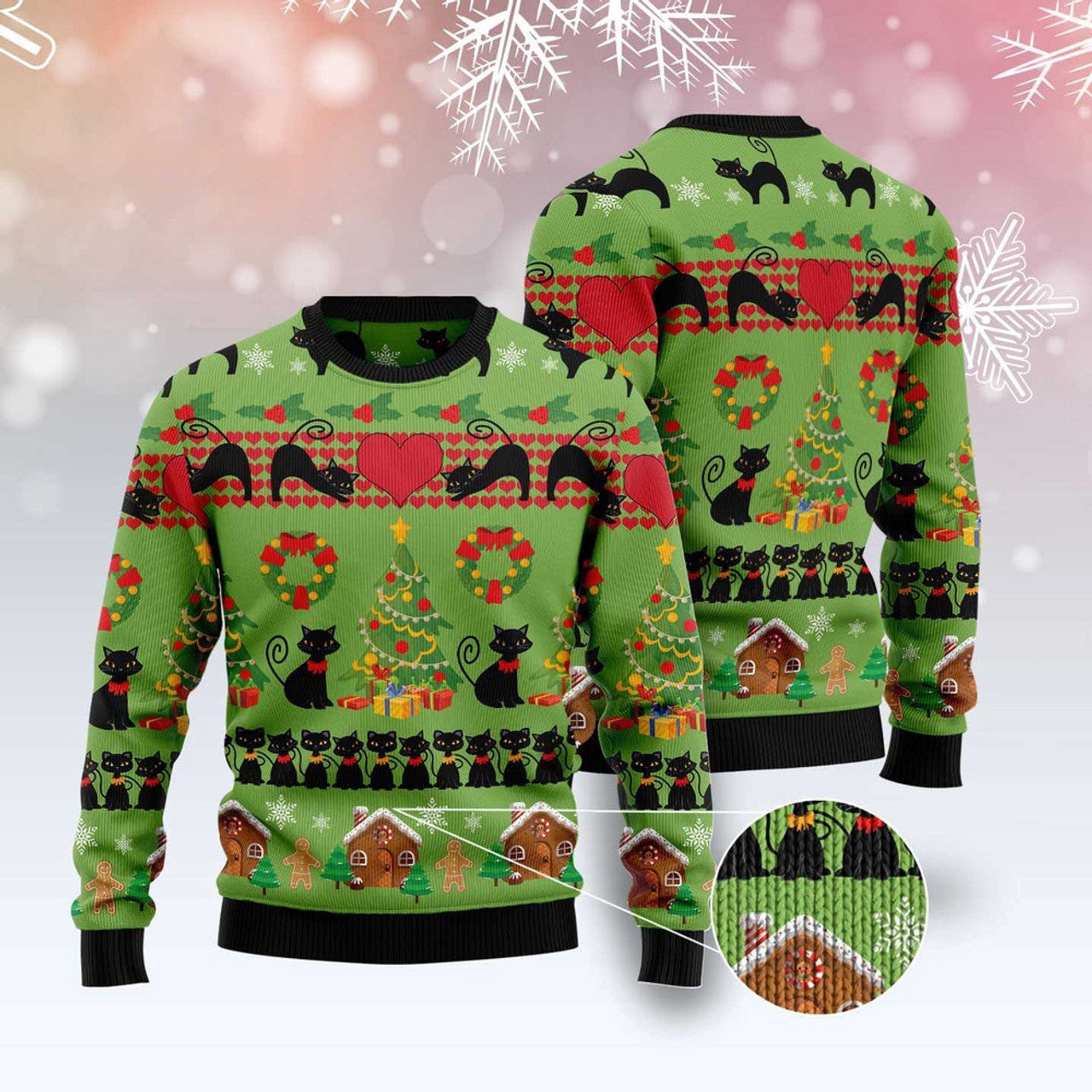 FUNSTUFFPRINT Love Black Cat Ugly Christmas Sweater, Christmas Cat Ugly Sweater, Ugly Cat Xmas Sweater Ugly Sweater