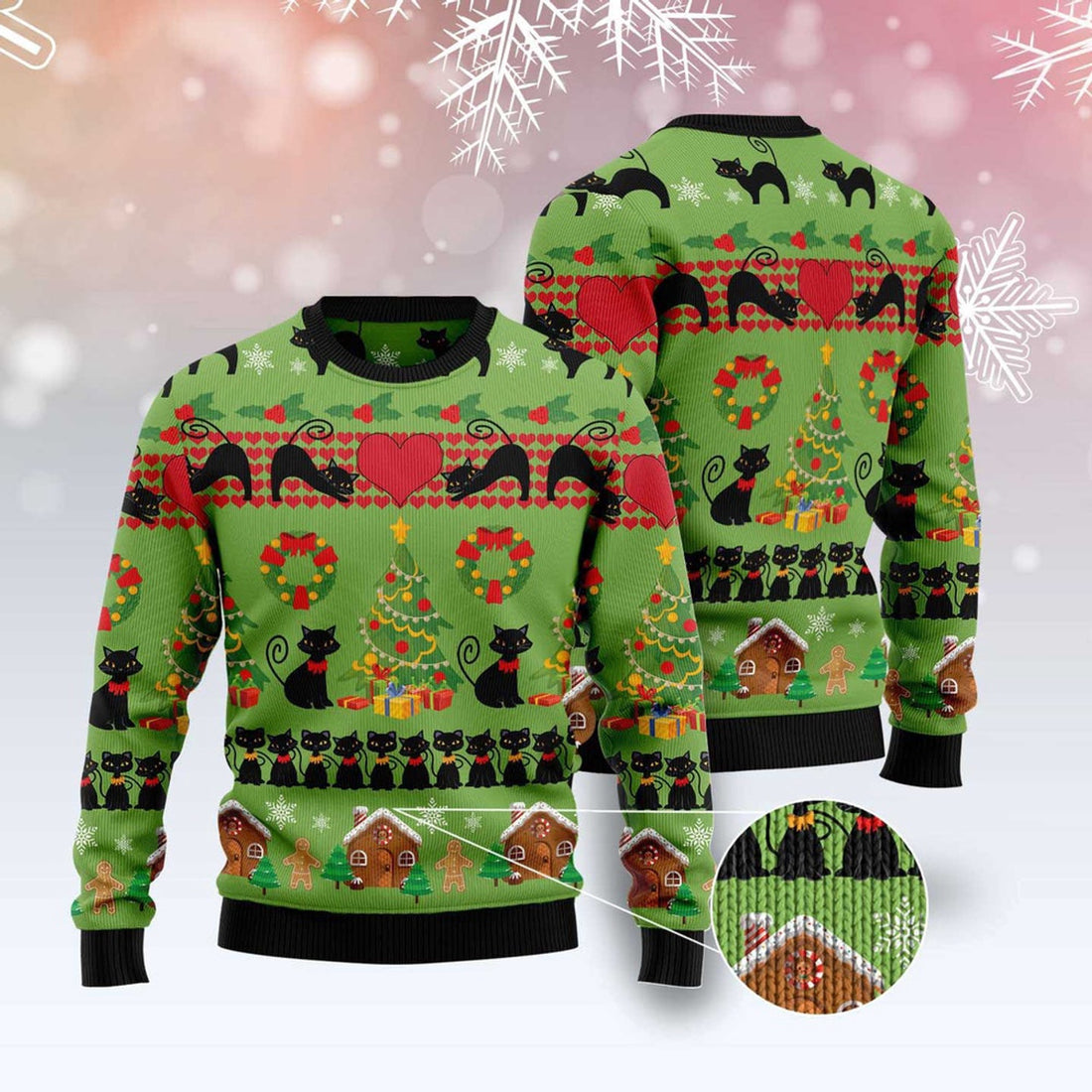 FUNSTUFFPRINT Love Black Cat Ugly Christmas Sweater, Christmas Cat Ugly Sweater, Ugly Cat Xmas Sweater Ugly Sweater