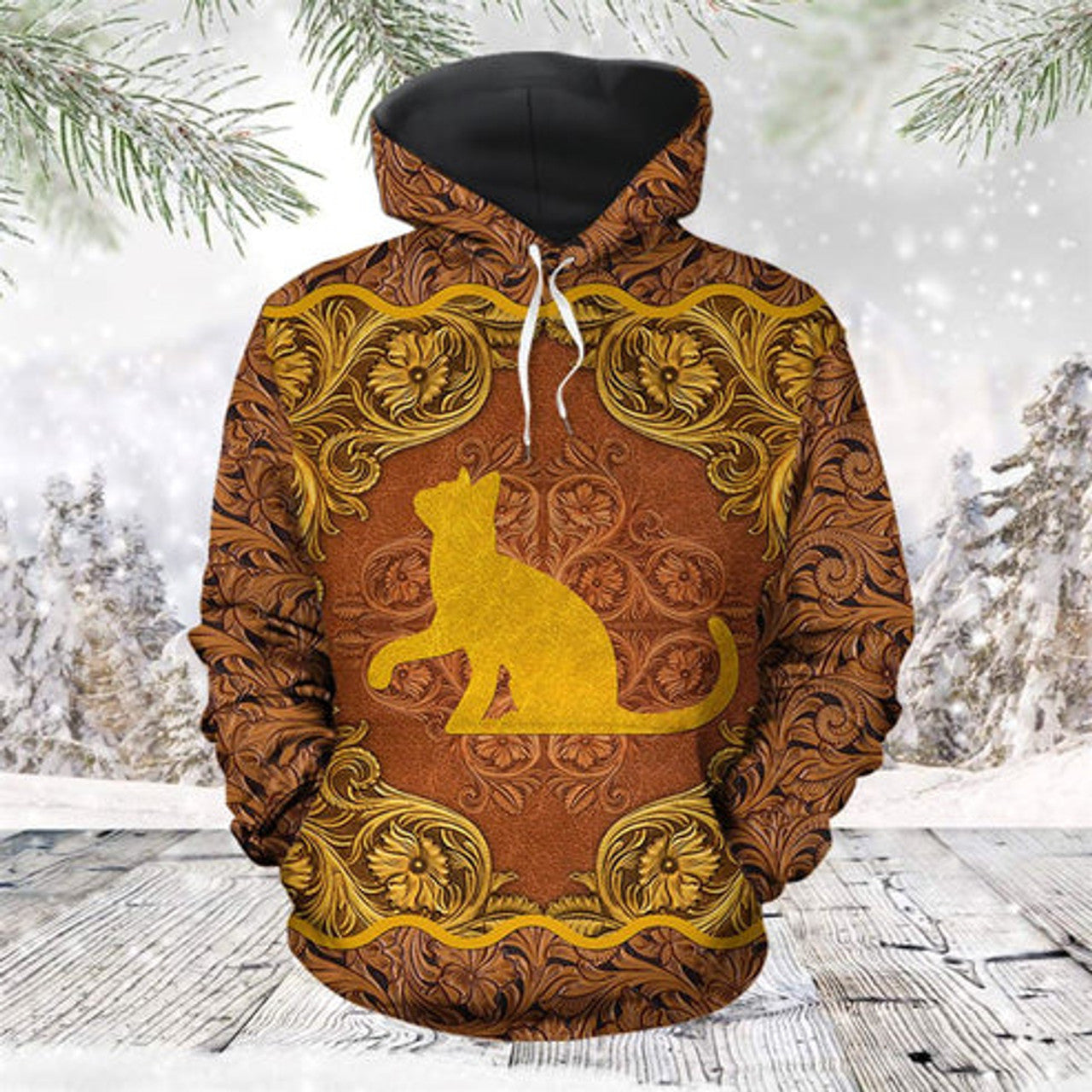 FUNSTUFFPRINT 3D Love Cat Antique Golden All Over 3D Hoodie and Zip Hoodie
