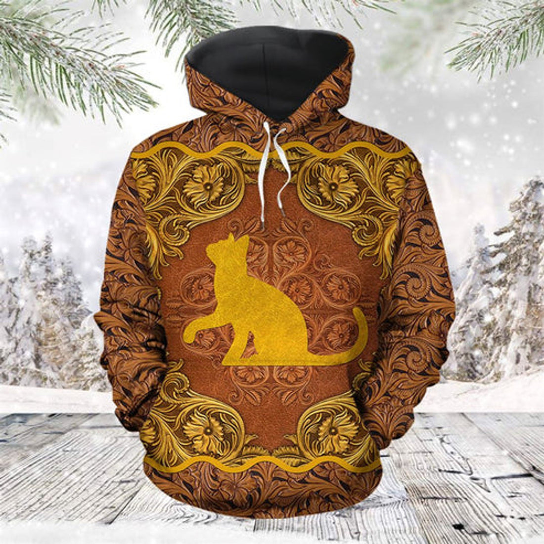 FUNSTUFFPRINT 3D Love Cat Antique Golden All Over 3D Hoodie and Zip Hoodie