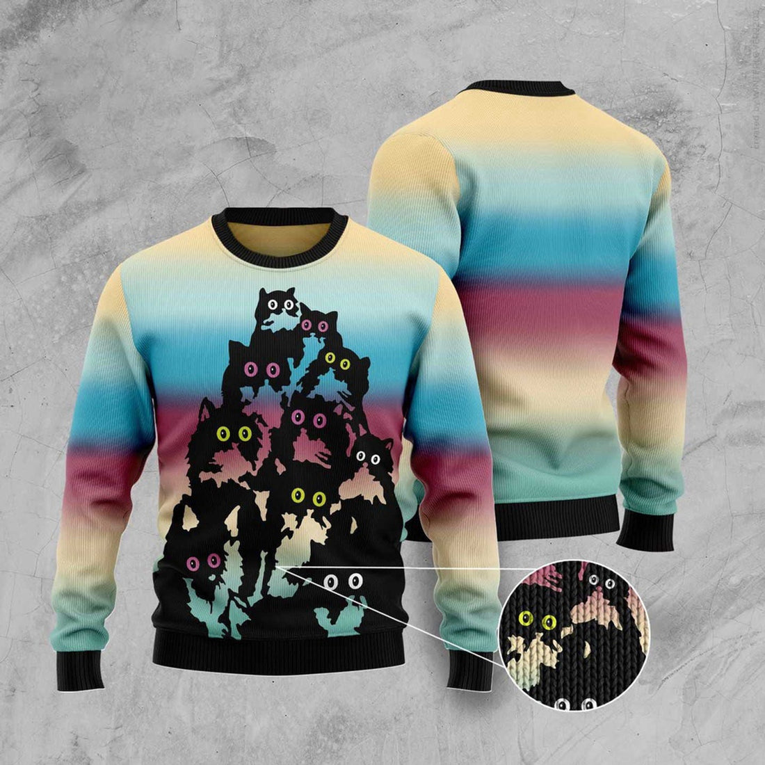 FUNSTUFFPRINT Lovely Black Cat Ugly Christmas Sweater, Christmas Cat Ugly Sweater, Ugly Cat Xmas Sweater Ugly Sweater