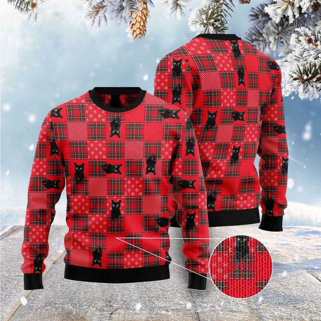 FUNSTUFFPRINT Lovely Pattern Black Cat Ugly Christmas Sweater, Christmas Cat Ugly Sweater, Ugly Cat Xmas Sweater Ugly Sweater