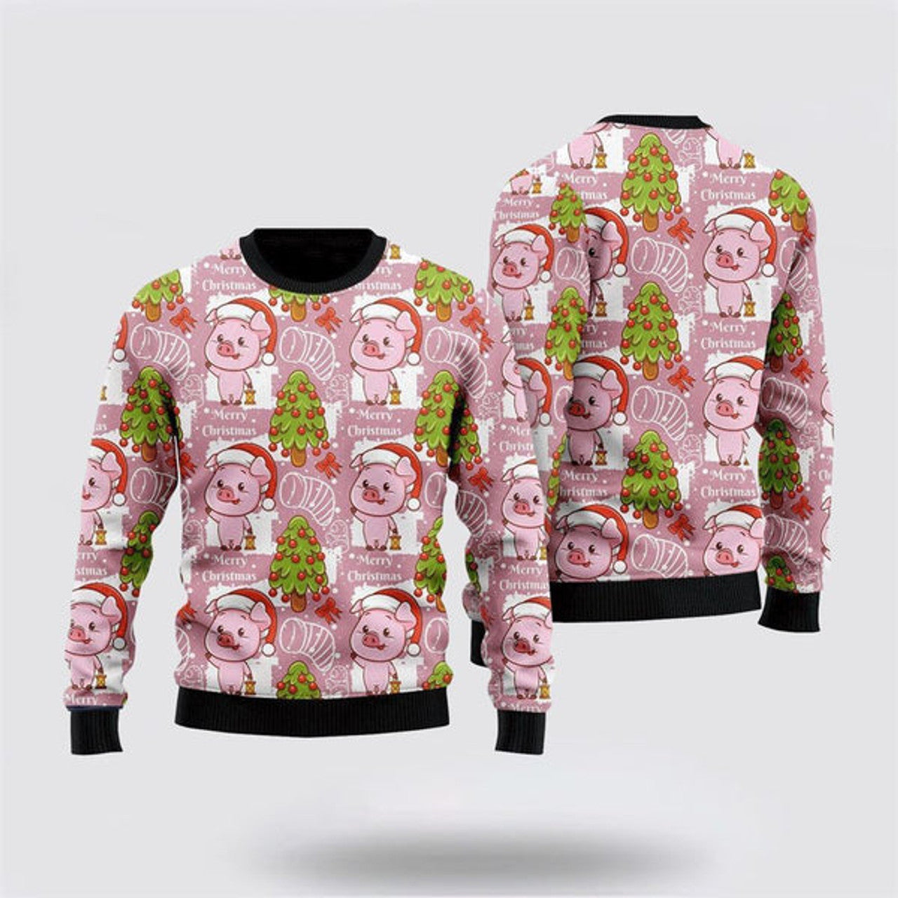 FUNSTUFFPRINT Lovely Pig On Pink Ugly Christmas Sweater, Farm Sweater, Christmas Gift, Best Winter Outfit Christmas Ugly Sweater