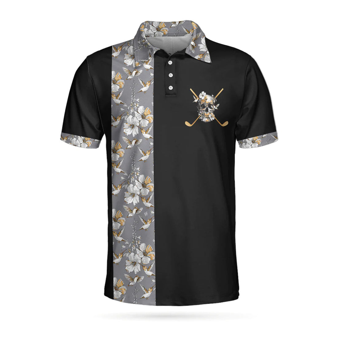 Men Polo Shirt - Luxury Golden Skull Black Golf Polo Shirt - Ash Floral Pattern Polo Shirt, Best Golf Shirt For Men