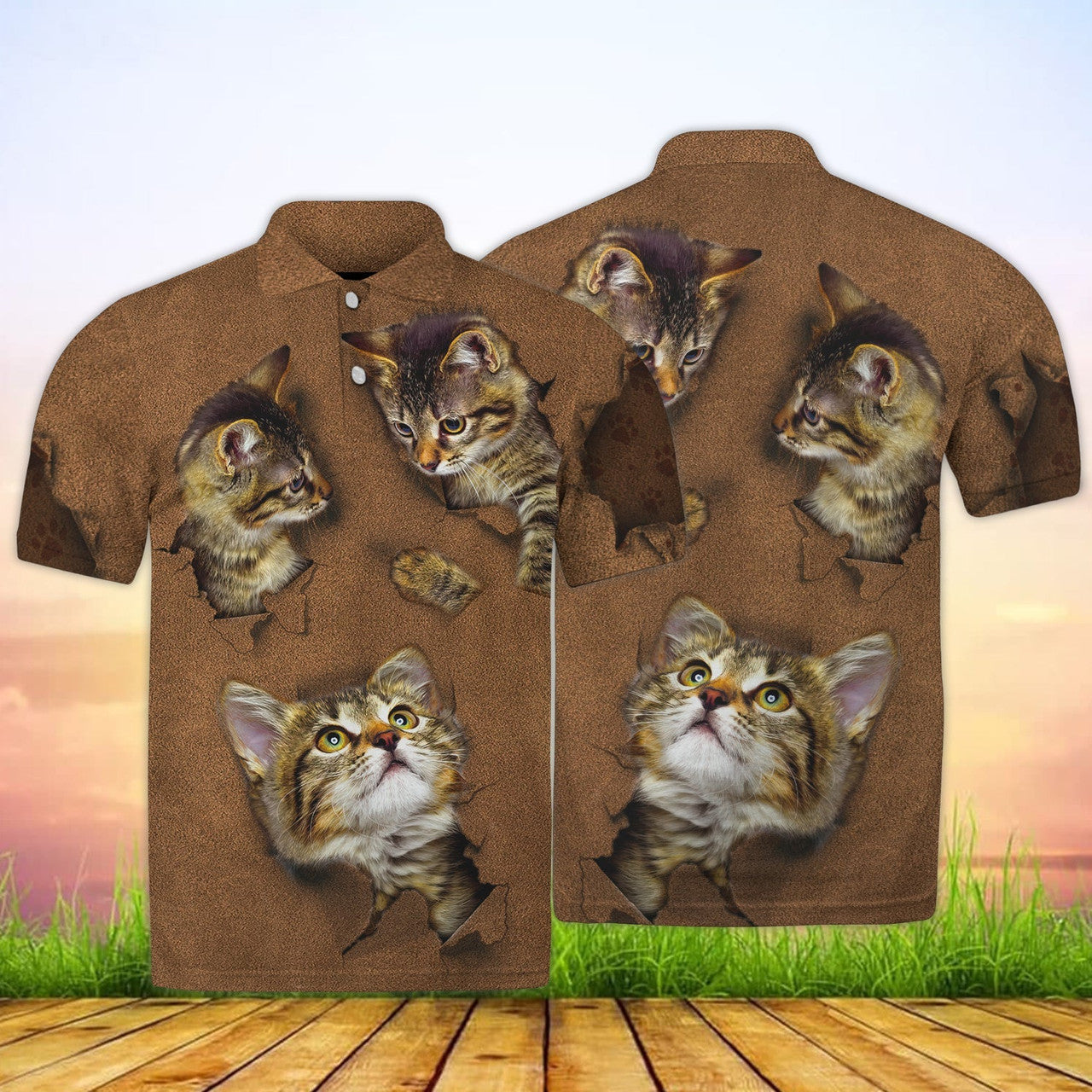 FUNSTUFFPRINT Cat Brown Polo Shirt Size S-5XL