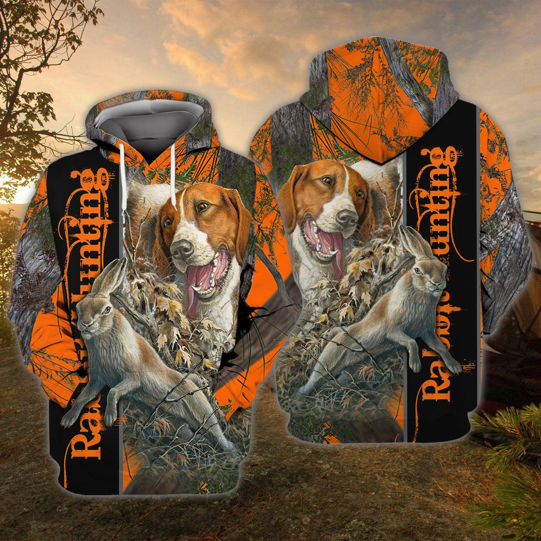 FUNSTUFFPRINT Rabbit Hunting With Beagles Orange Muddy Camo Rabbit Hunting Dogs 3D Hoodie and Zip Hoodie
