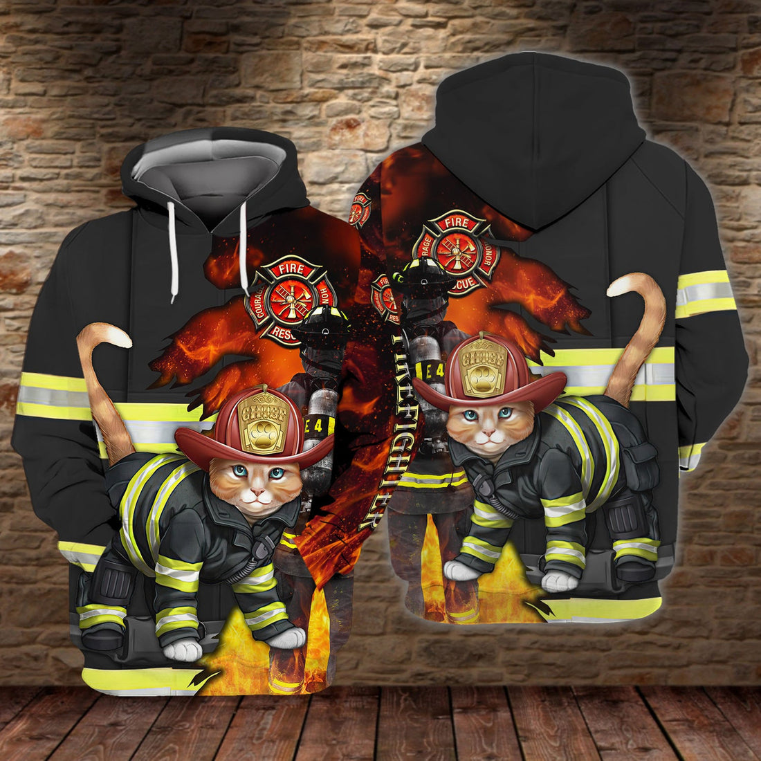 FUNSTUFFPRINT Cat Firefighter - 3D Full Print 3D Hoodie and Zip Hoodie