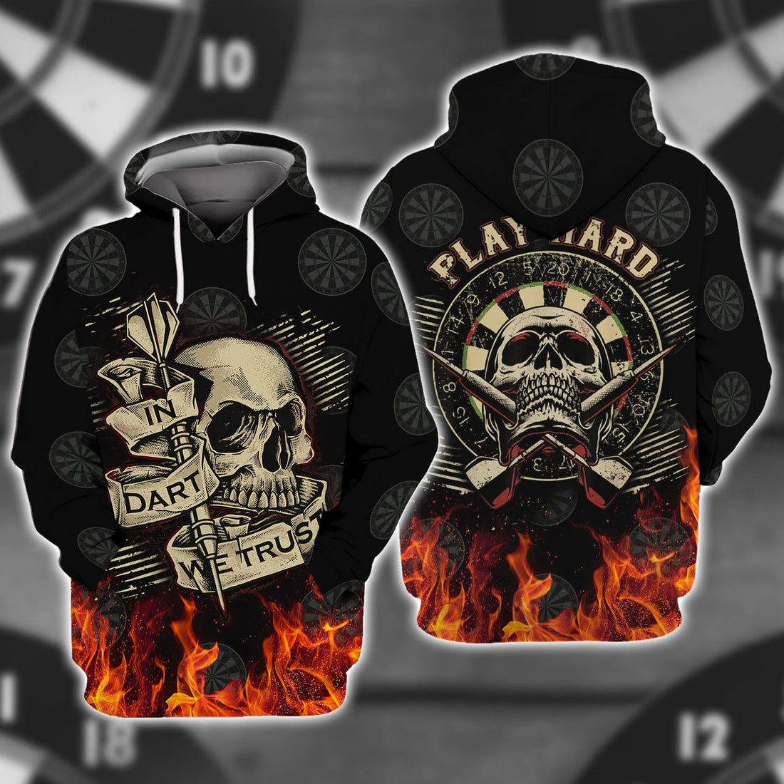 FUNSTUFFPRINT In Dart We Trust Flame Skull 3D Hoodie and Zip Hoodie