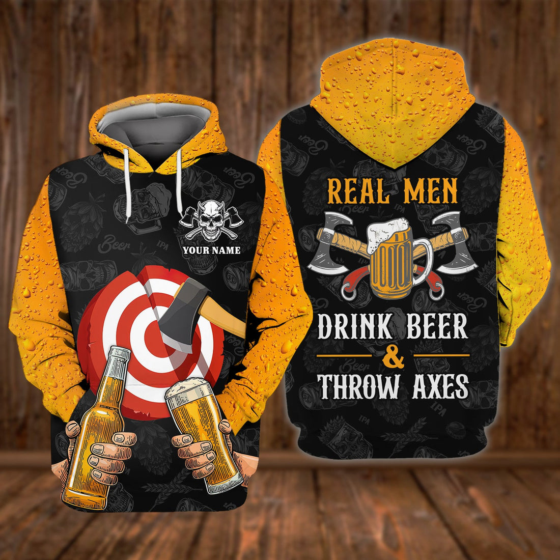 FUNSTUFFPRINT Real Men Drink Beer And Throw Axe Personalized Name 3D Hoodie and Zip Hoodie