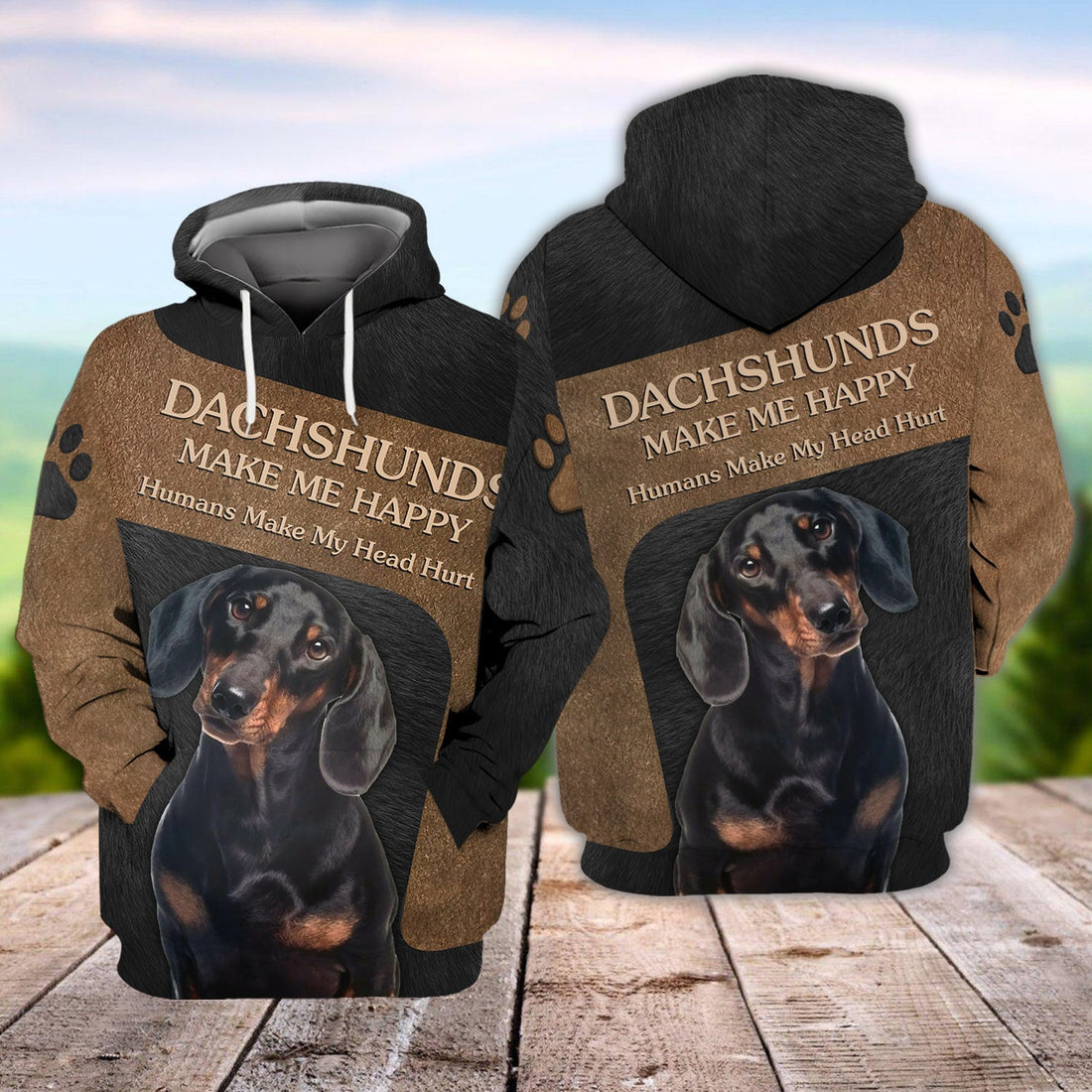 FUNSTUFFPRINT Dachshund Make Me Happy 3D Hoodie and Zip Hoodie
