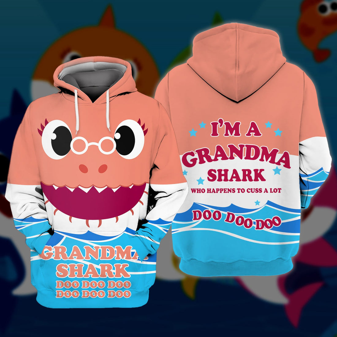 FUNSTUFFPRINT Full Print Grandma Shark Doo Doo Doo 3D Hoodie and Zip Hoodie