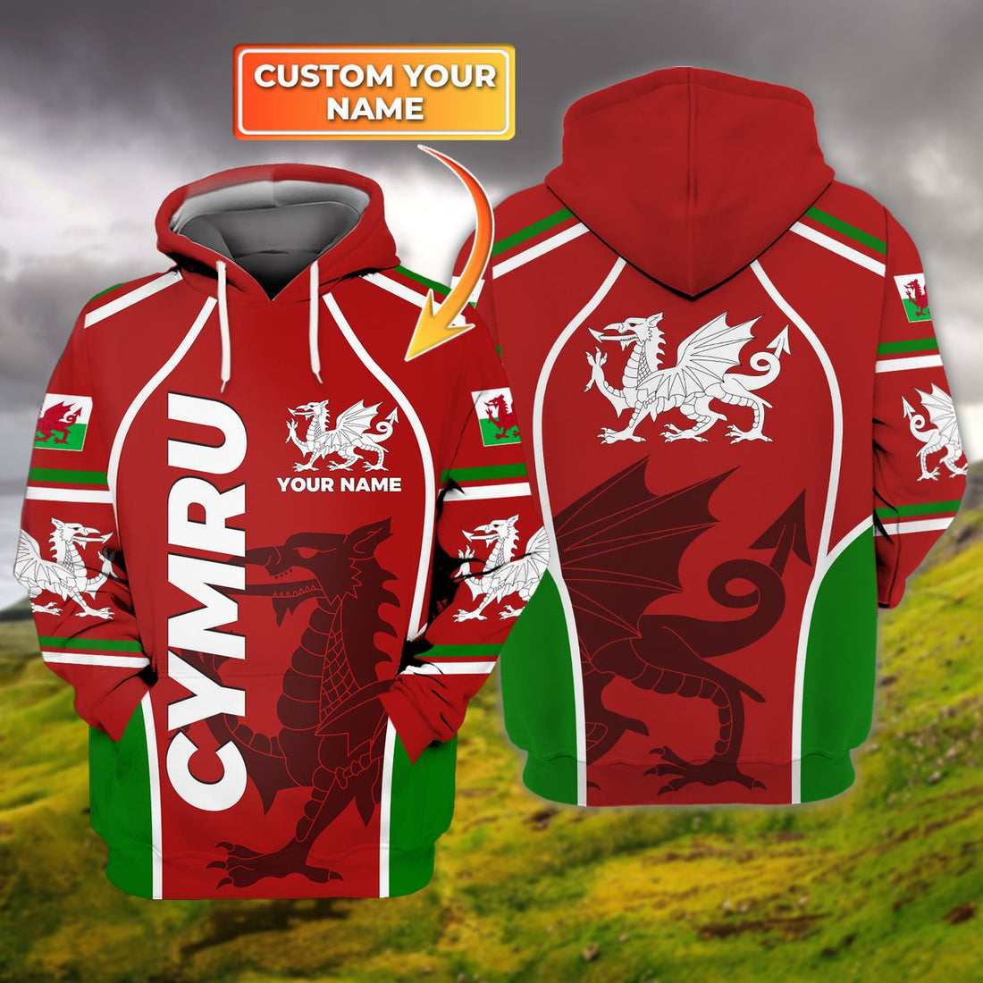 FUNSTUFFPRINT CYMRU DRAGON - Personalized Name 3D Hoodie and Zip Hoodie
