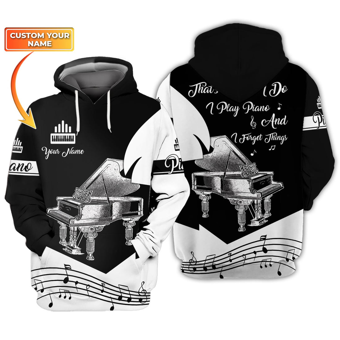 FUNSTUFFPRINT Piano 1211 - Personalized Name 3D Hoodie and Zip Hoodie