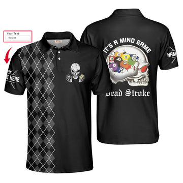 Custom Personalized Argyle Pattern Skull Billiards Pool Men Polo Shirt, It's A Mind Game Dead Stroke Custom Polo Shirt, Best Gift For Billiards Lovers
