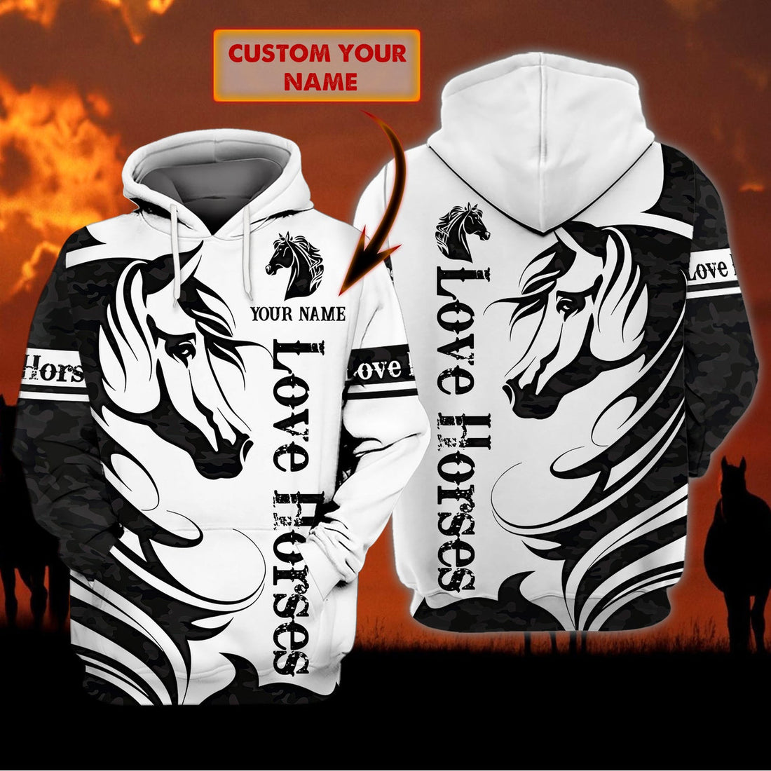 FUNSTUFFPRINT Horse 4 - Personalized Name 3D Hoodie and Zip Hoodie