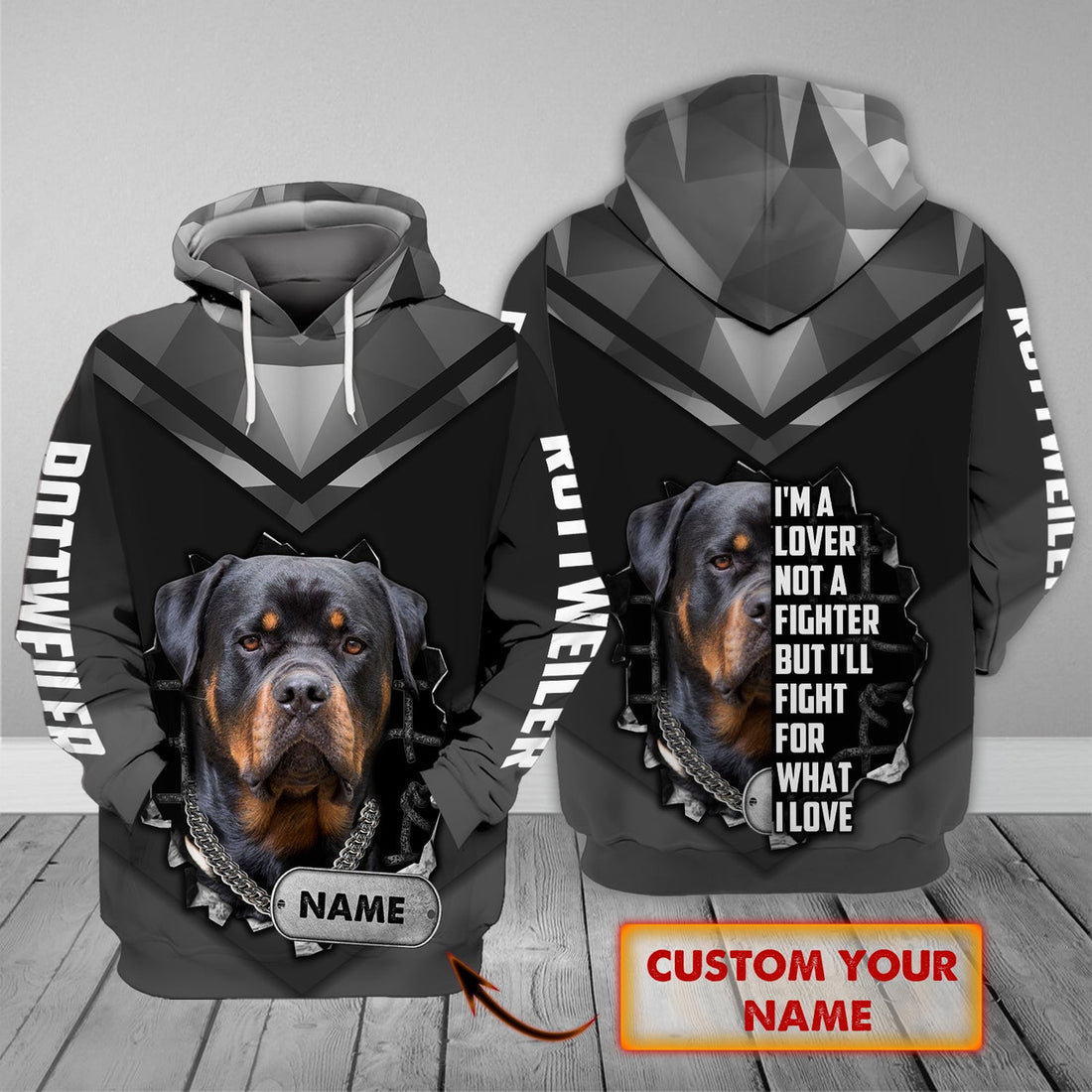 FUNSTUFFPRINT Rottweiler- Personalized Name 3D Hoodie and Zip Hoodie