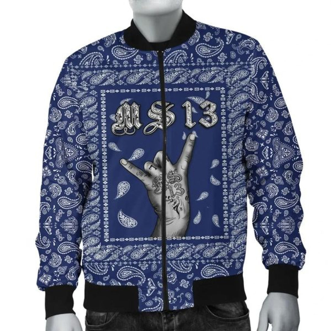FUNSTUFFPRINTI MS-13 Bomber Jacket Blue Bandana Bomber Jacket