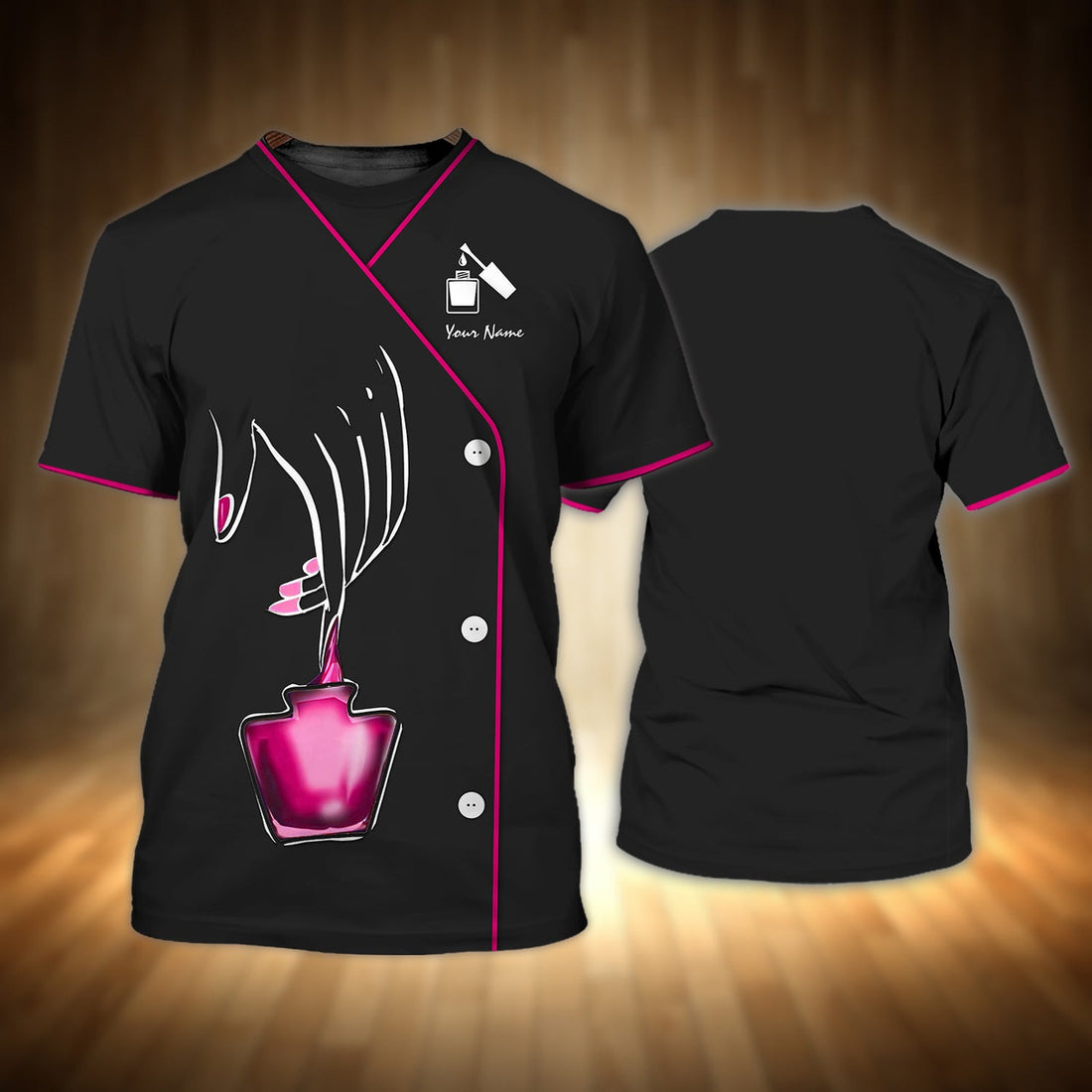 FUNSTUFFPRINT Nail Technician Personalized 3D T-Shirt, Manicurist Gift Custom Name Black Pink 3D T-shirt