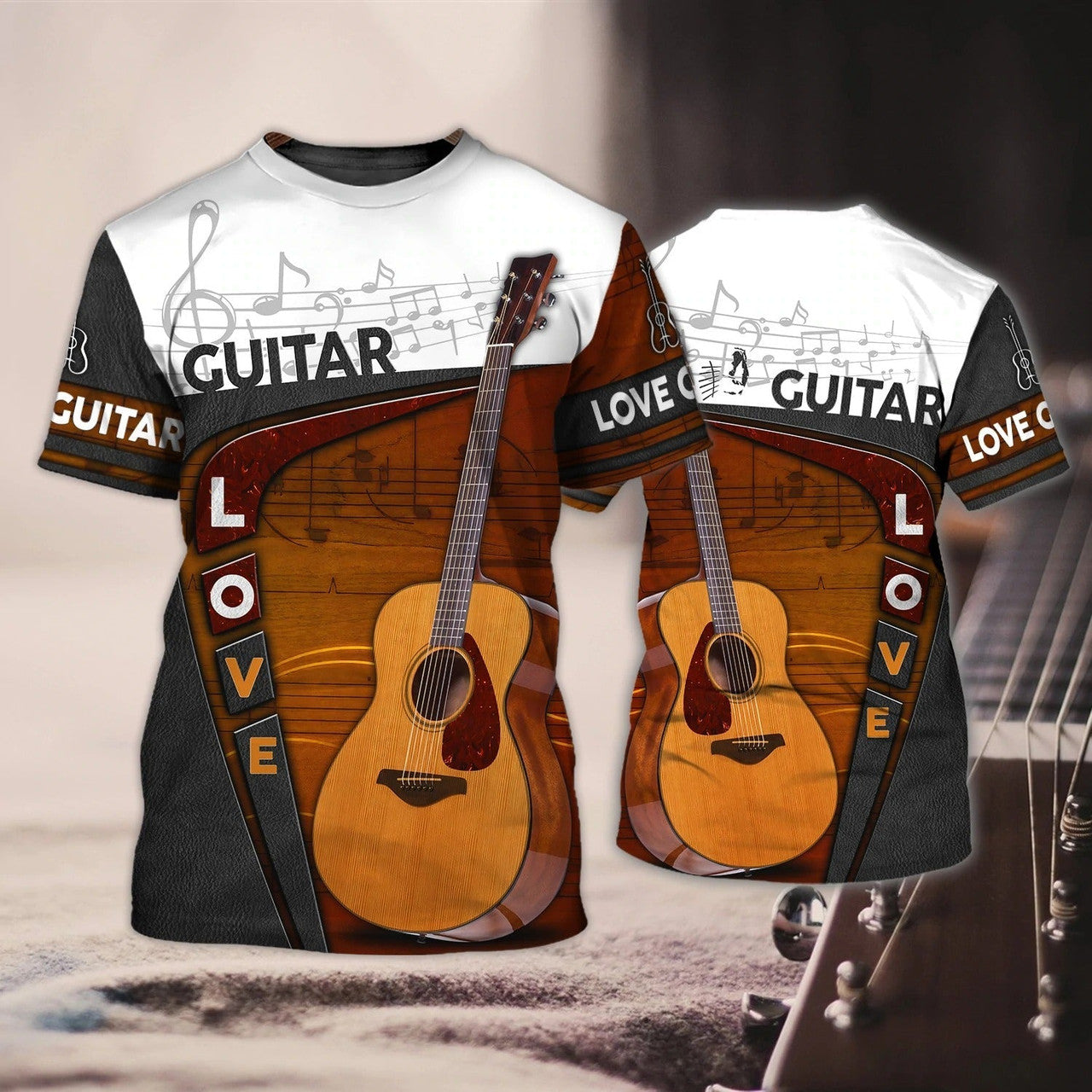 FUNSTUFFPRINT 3D All Over Print T-Shirt Love Guitar For Guitarist, Gift For Guitar Lover, Guitar Sublimation Shirt Hoodie 3D T-shirt