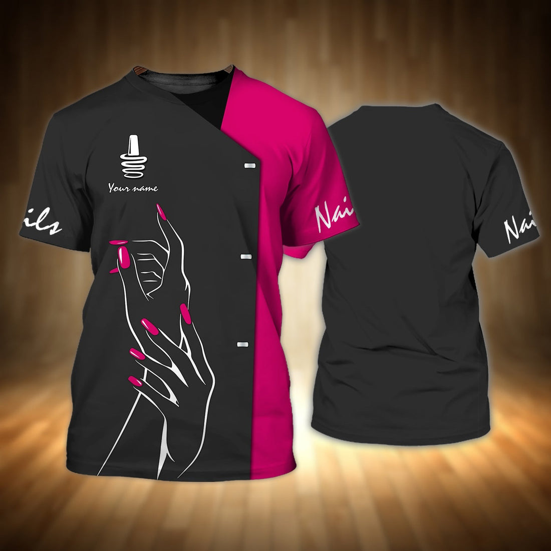 FUNSTUFFPRINT Nail Technician Personalized 3D T-Shirt, Manicurist Gift Custom Name Black & Pink 3D T-shirt