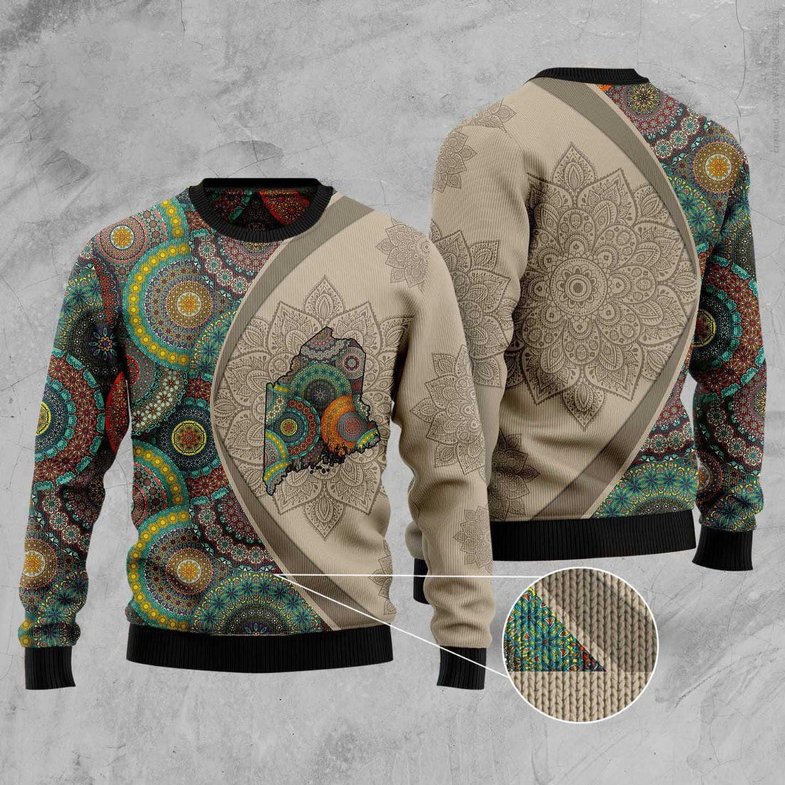FUNSTUFFPRINT Maine Mandala Ugly Christmas Sweater, Christmas Sweater, Ugly Sweater, Funny Xmas Sweaters Ugly Sweater