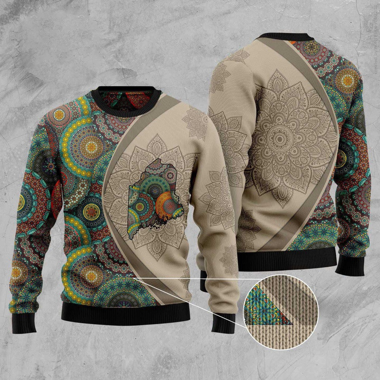 FUNSTUFFPRINT Maine Mandala Ugly Christmas Sweater, Christmas Sweater, Ugly Sweater, Funny Xmas Sweaters Ugly Sweater