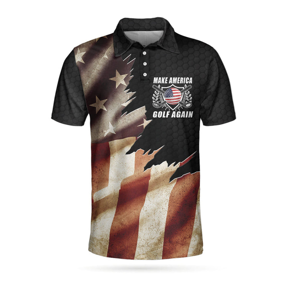 Make America Golf Again Custom Polo Shirt, Personalized Black Hornet Nest Pattern American Flag Golf Shirt For Men