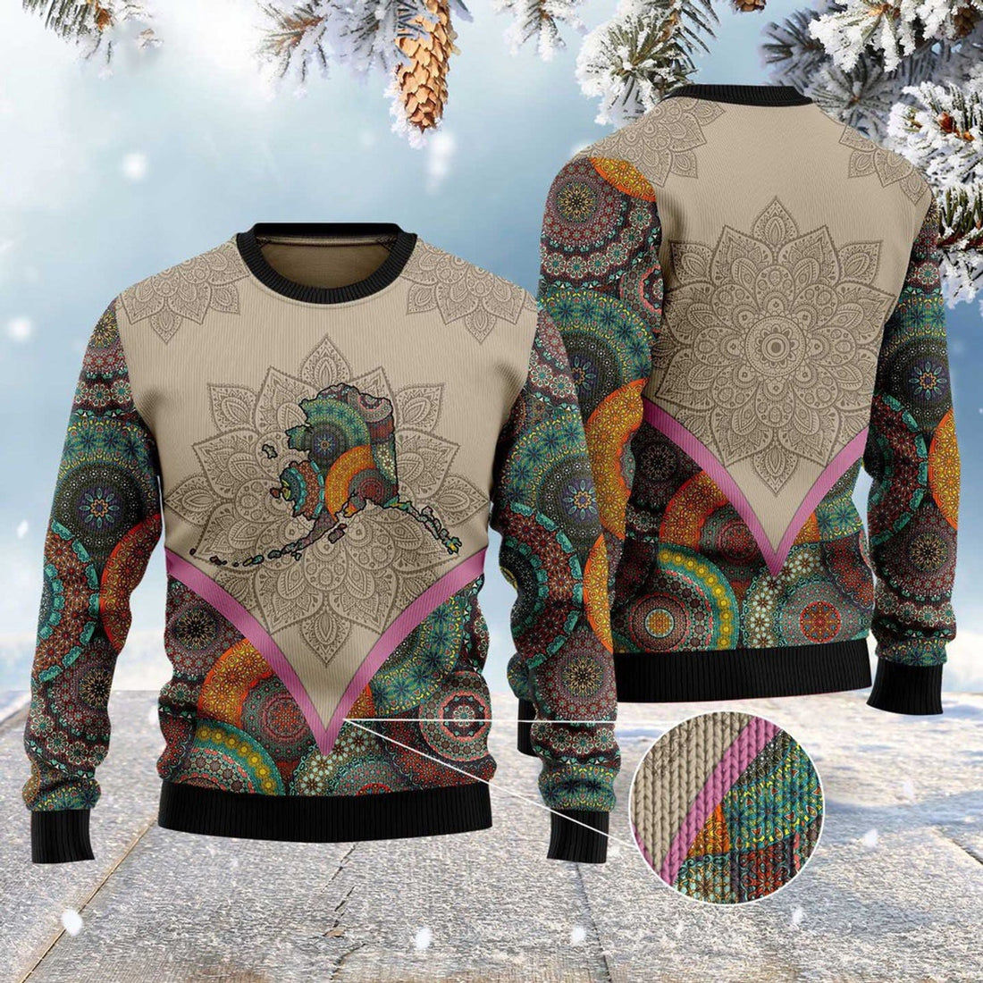 FUNSTUFFPRINT Mandala Alaska Home Ugly Christmas Sweater, Christmas Sweater, Ugly Sweater, Funny Xmas Sweaters Ugly Sweater