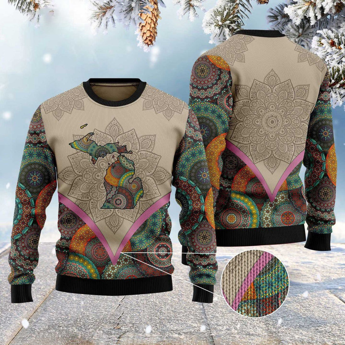 FUNSTUFFPRINT Mandala Michigan Home Ugly Christmas Sweater, Christmas Sweater, Ugly Sweater, Funny Xmas Sweaters Ugly Sweater