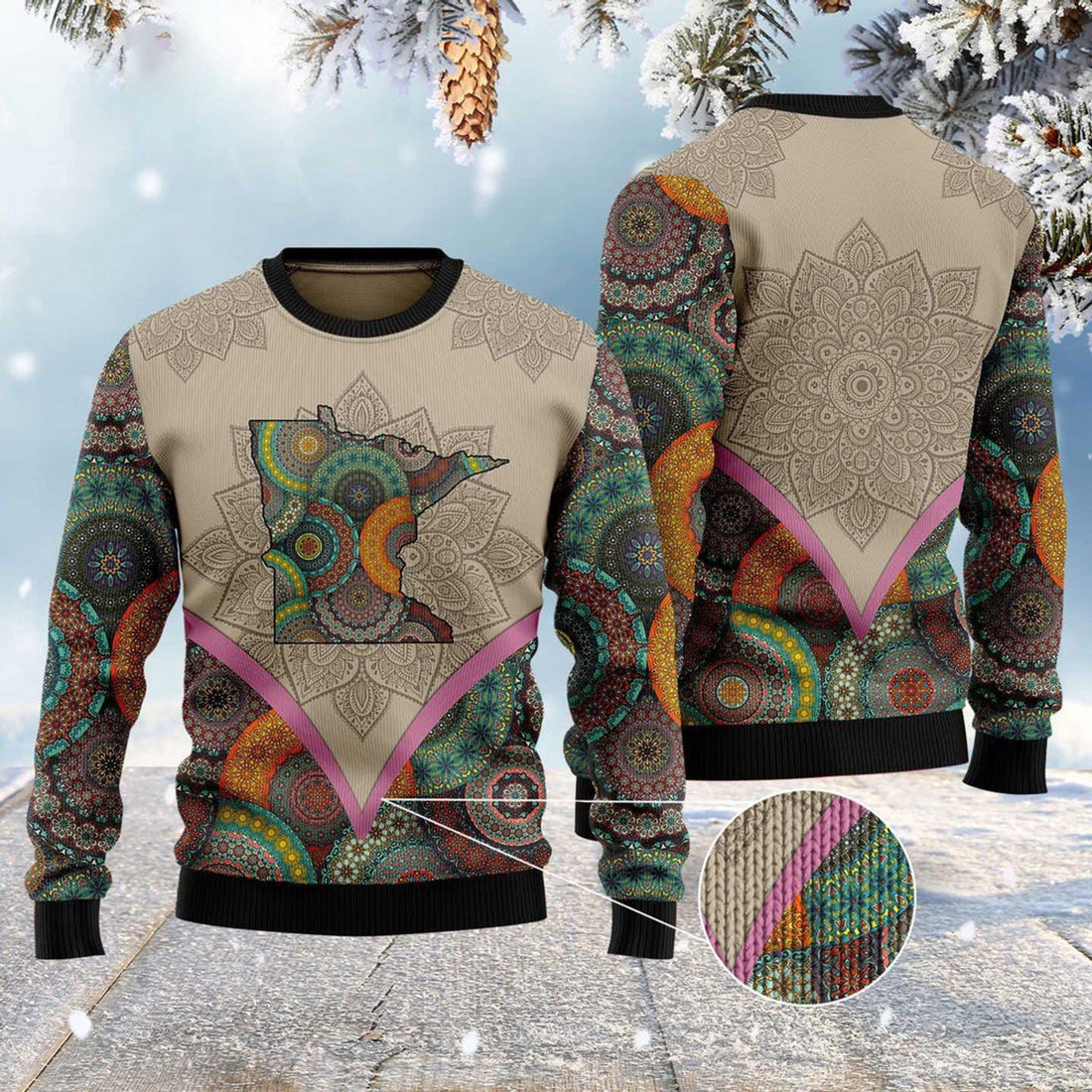 FUNSTUFFPRINT Mandala Minnesota Home Ugly Christmas Sweater, Christmas Sweater, Ugly Sweater, Funny Xmas Sweaters Ugly Sweater