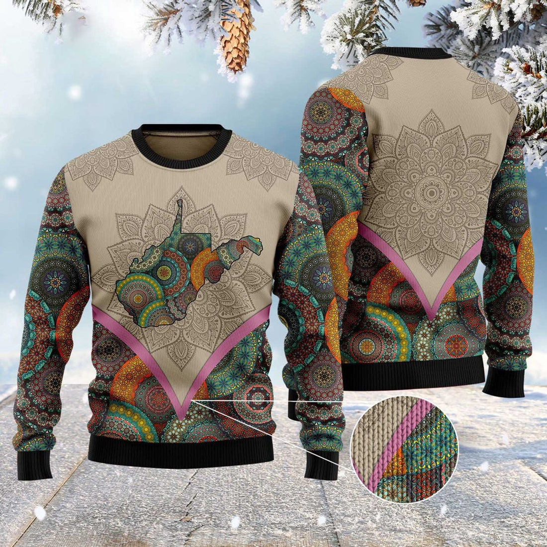 FUNSTUFFPRINT Mandala West Virginia Home Ugly Christmas Sweater, Christmas Sweater, Ugly Sweater, Funny Xmas Sweaters Ugly Sweater