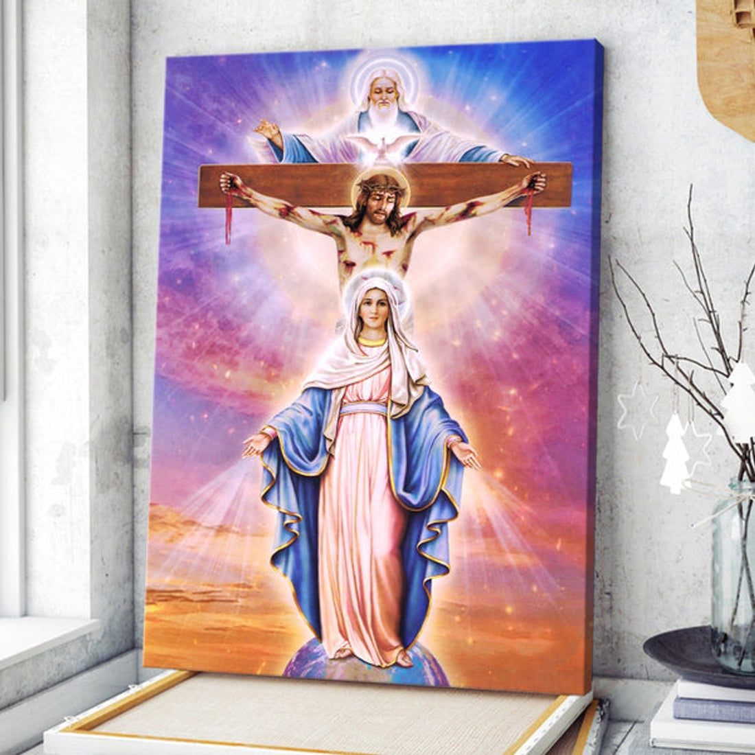 Maria And Jesus On The Cross Canvas Wall Art - Christian Wall Posters - Religious Wall Decor