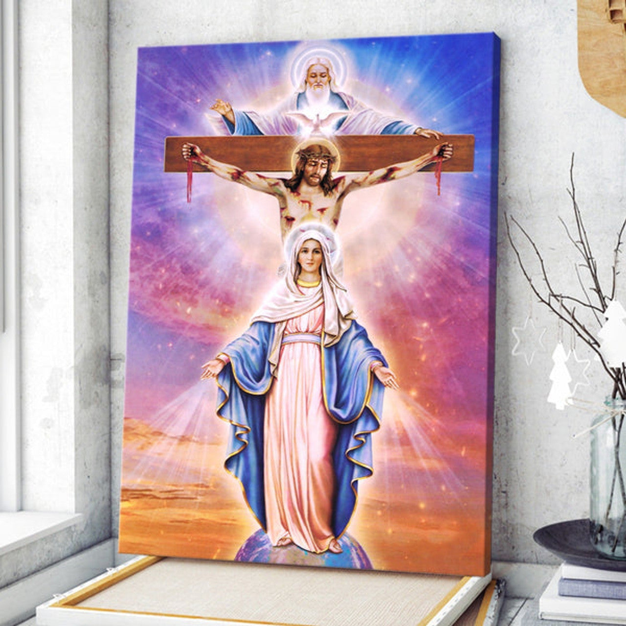 Maria And Jesus On The Cross Canvas Wall Art - Christian Wall Posters - Religious Wall Decor