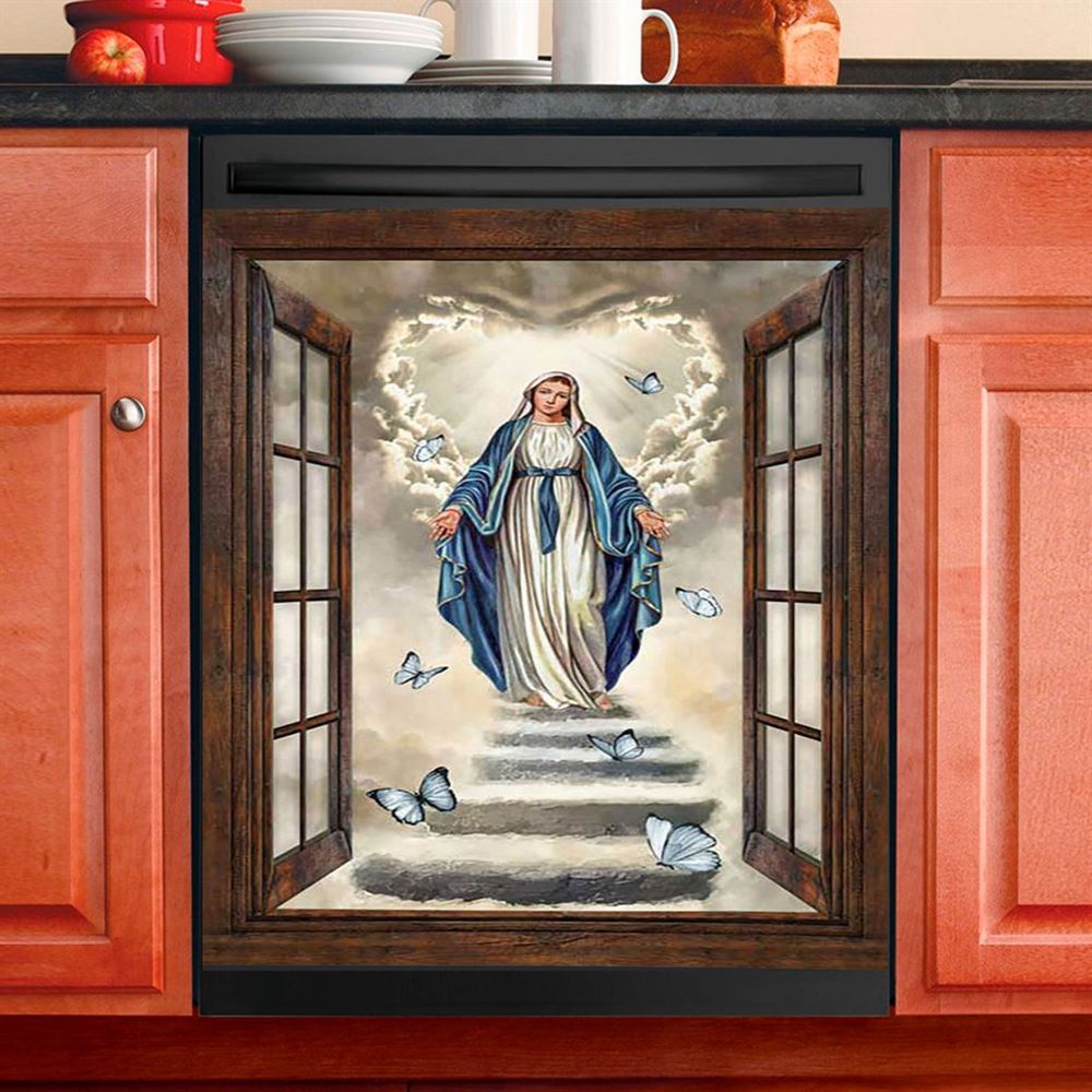 Maria Blue Butterfly Vintage Window The Way To Heaven Dishwasher Cover, Inspirational Dishwasher Wrap, Christian Kitchen Decoration