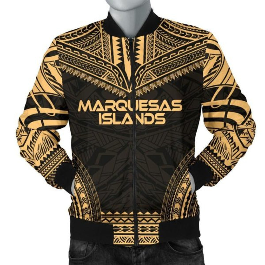 FUNSTUFFPRINTI Marquesas Islands Polynesian Chief Men's Bomber Jacket - Gold Version - Bomber Jacket