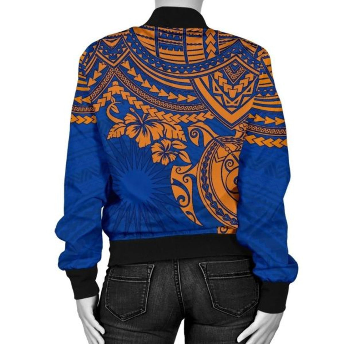 FUNSTUFFPRINTI Marshall Islands Polynesian Bomber Jacket (Women) - Blue Turtle - Bomber Jacket